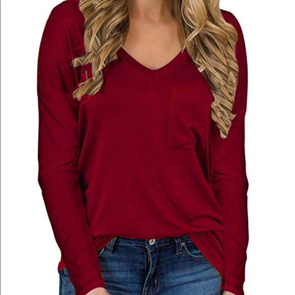 Tops - Solid red v neck casual long sleeve top